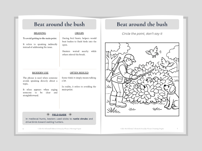 Open book with definition and illustration of the phrase 'Beat around the bush'.