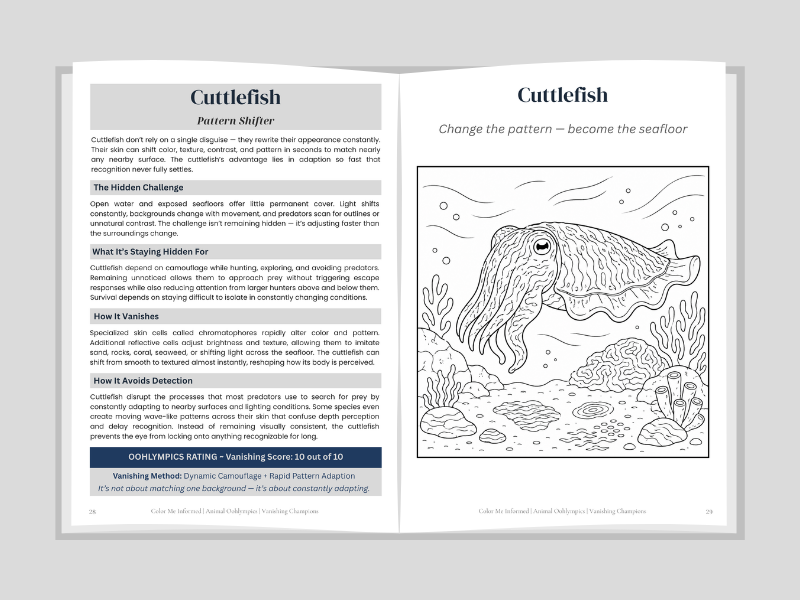 Book page with cuttlefish illustration and text on a gray background