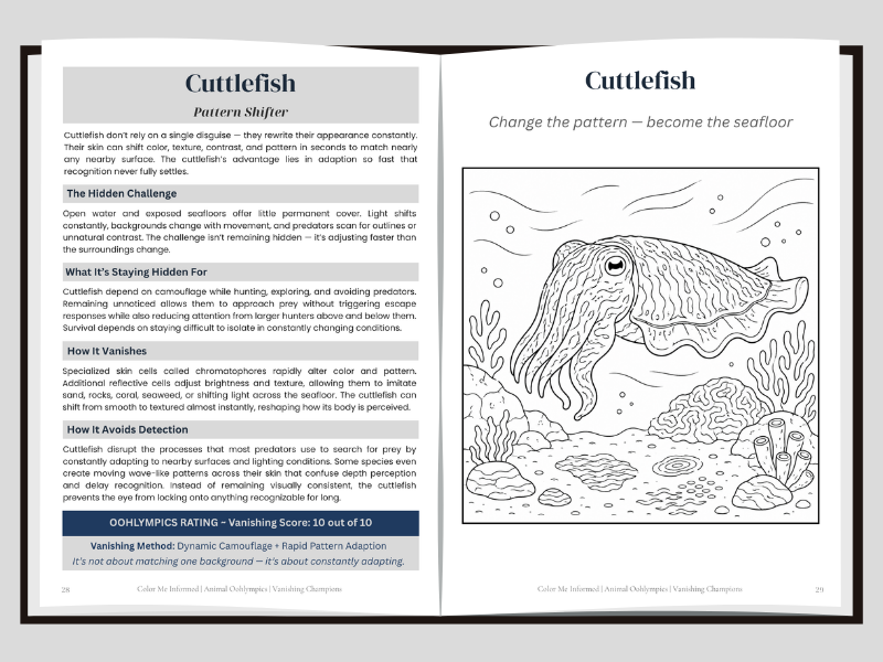 An open book or booklet spread showing two pages about the cuttlefish, with text on the left and a black-and-white line drawing on the right. The left page has headings like 'Cuttlefish' and 'Pattern Shifter,' and the right page has the heading 'Cuttlefish' above a detailed illustration of a cuttlefish.