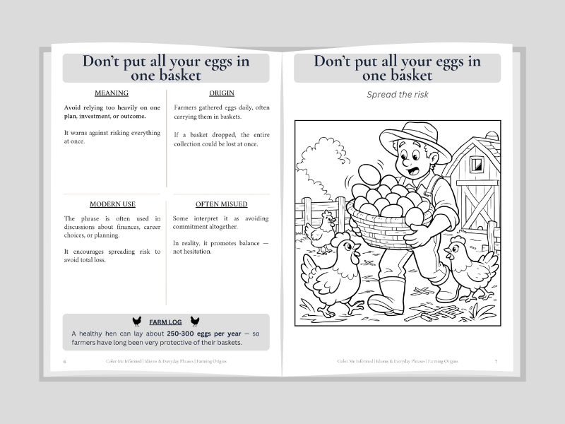 Illustration of a children's book page with a farmer and chickens, teaching the idiom 'Don't put all your eggs in one basket'.