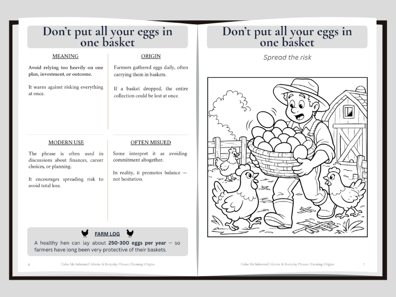 An open book spread showing a black-and-white line drawing and educational text about the phrase 'Don't put all your eggs in one basket,' with a cartoon farmer carrying baskets of eggs.