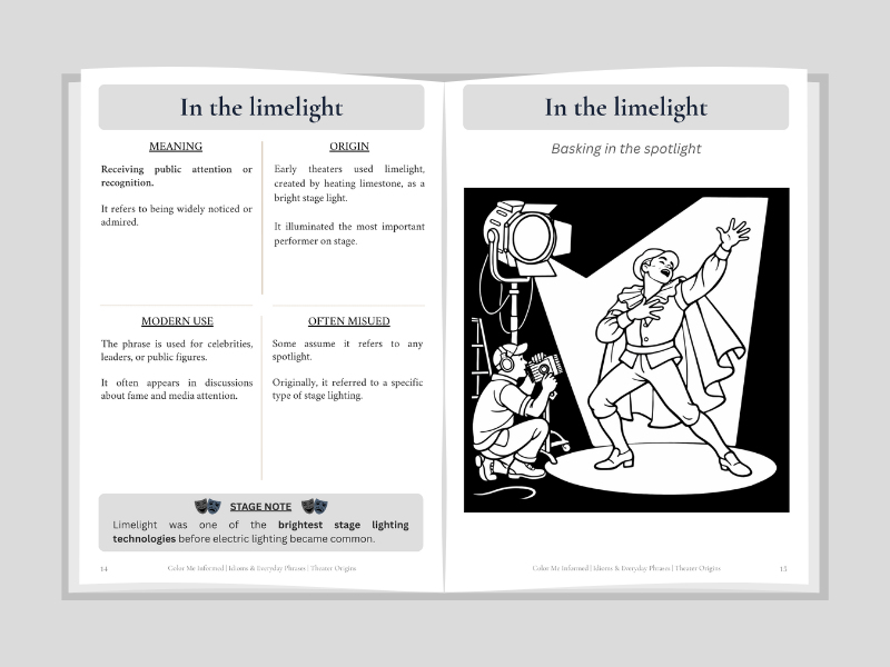 Open book with definition and illustration of 'In the limelight' on a gray background