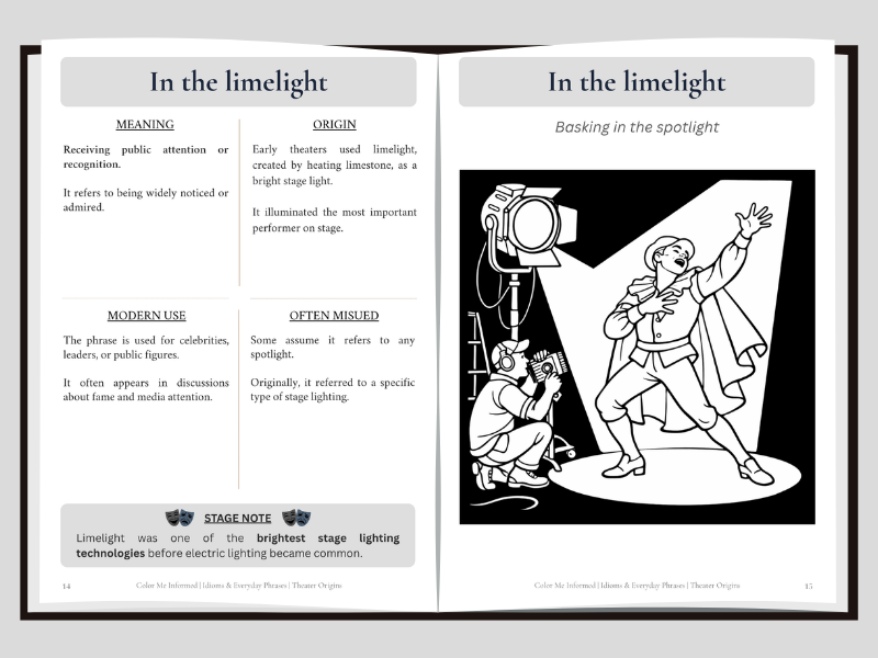 An open book spread showing a page titled 'In the limelight' with text on the left and a black-and-white illustration of a performer under a stage light on the right.