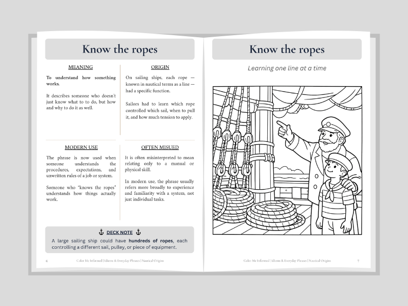 Open book with educational content on 'Know the ropes' on a gray background