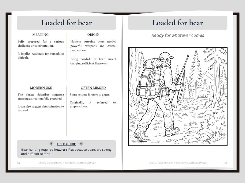 An open book spread showing the 'Loaded for bear' phrase explained with definitions, usage notes, and a black-and-white line drawing of a bear hunter carrying a rifle in a forest.