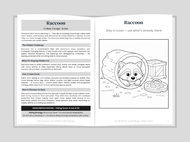 Information page and coloring page about raccoon hiding abilities