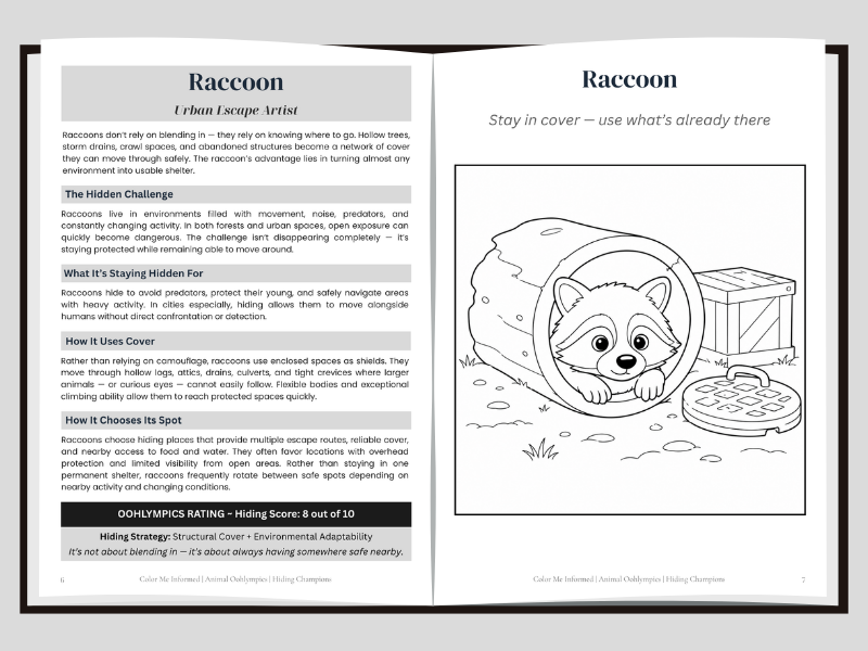 A left page spread with information on how and why raccoons are hiding champions and a right page coloring image of a raccoon hiding