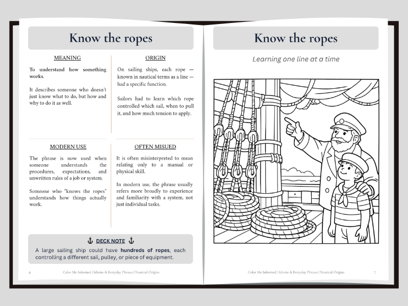 An open book spread showing a page titled 'Know the ropes' with text on the left and a black-and-white line drawing of sailors handling ropes on a shipmast on the right.