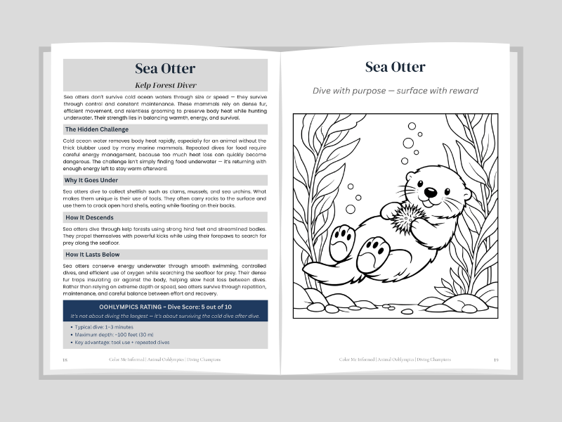 Open book showing a page with text about sea otters and an illustration of a sea otter.
