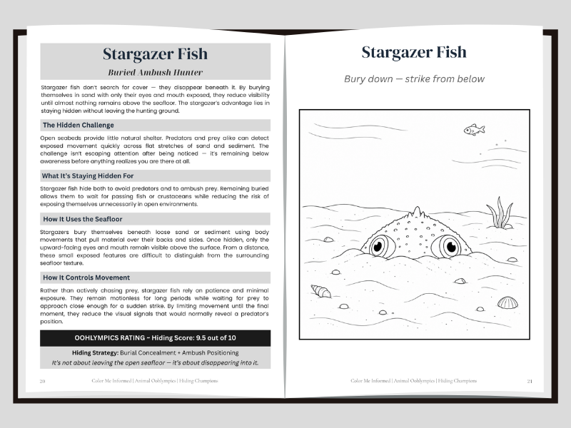 A two-page spread of a printed booklet or worksheet titled 'Stargazer Fish' with text on the left and a black-and-white line drawing on the right, photographed against a plain white background.