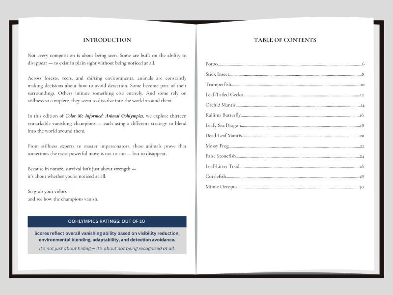 A two-page spread preview of a printed booklet or manual, showing the 'Introduction' and 'Table of Contents' pages with black text on white paper inside a clear or light frame.