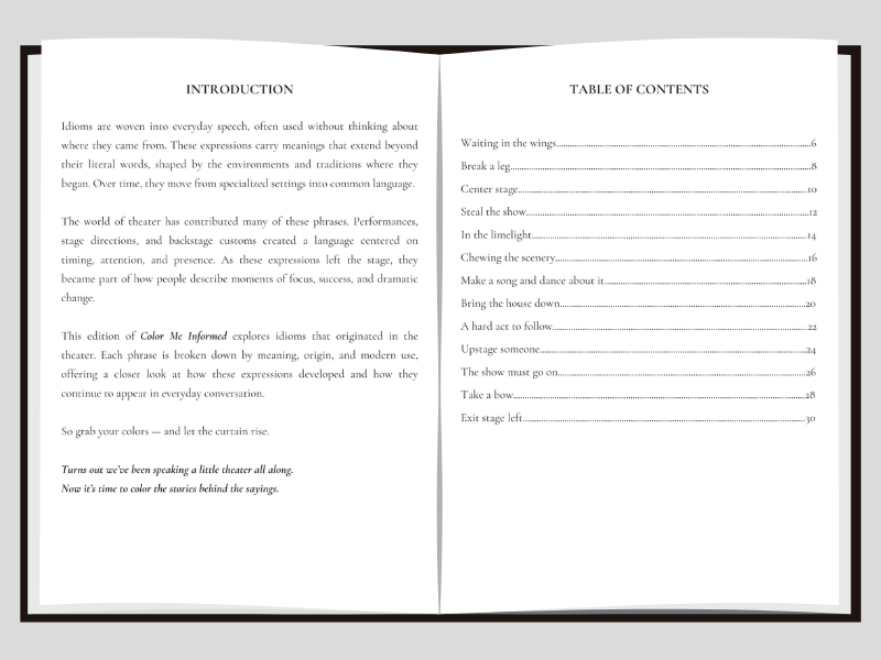An open book showing printed pages with the headings 'INTRODUCTION' and 'TABLE OF CONTENTS', for theater idioms.