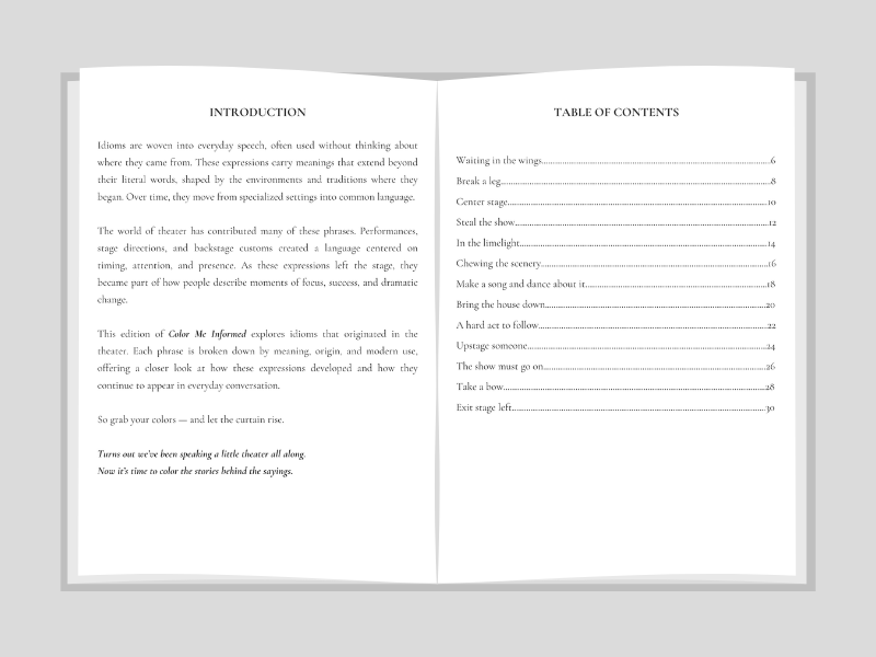 Open book with table of contents and introduction on a gray background