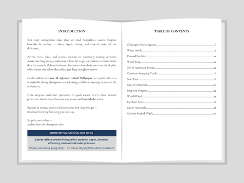 Open book showing an introduction and table of contents on a gray background