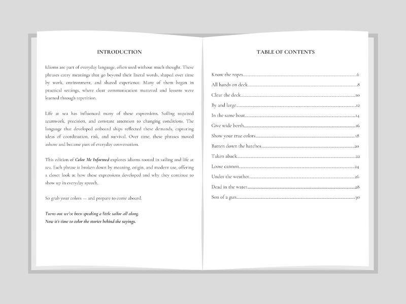 Open book showing an introduction and table of contents on a gray background