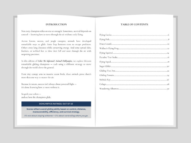Open book with table of contents and introductory text on a gray background