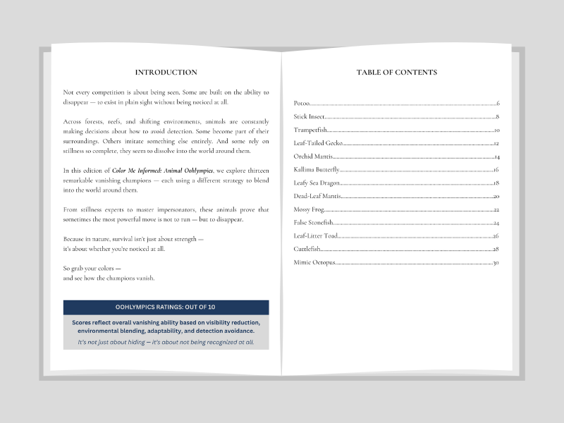 Open book showing an introduction and table of contents on a gray background
