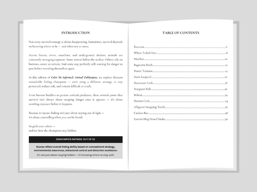 Open book showing table of contents on a gray background
