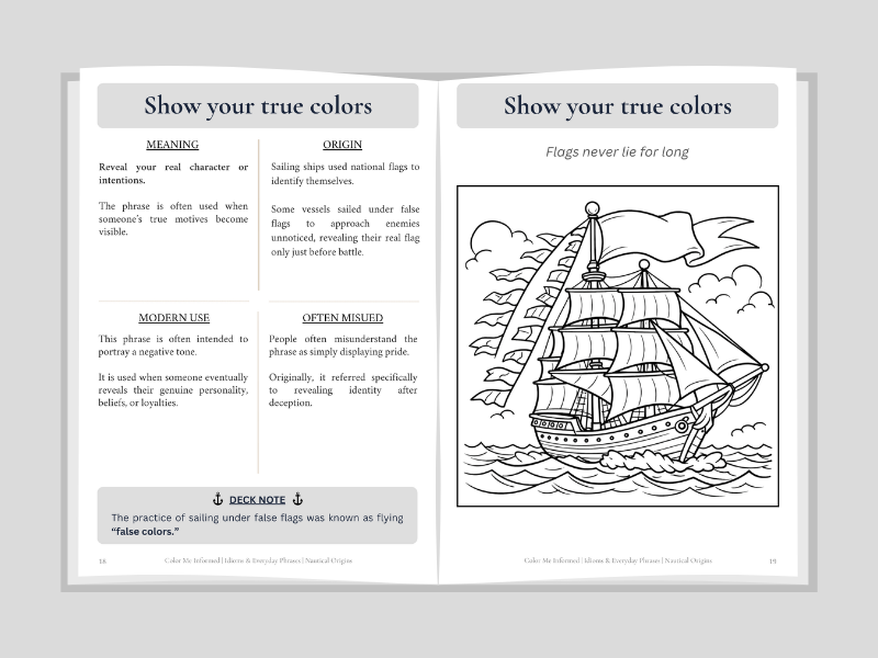 Open book with educational content on 'Show your true colors' on a gray background