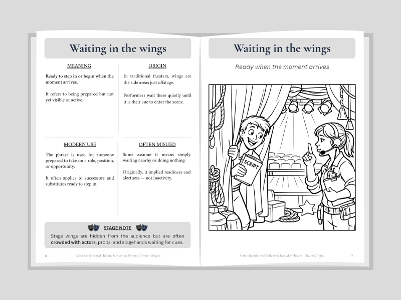 Open book with text and illustration on 'Waiting in the wings' idiom