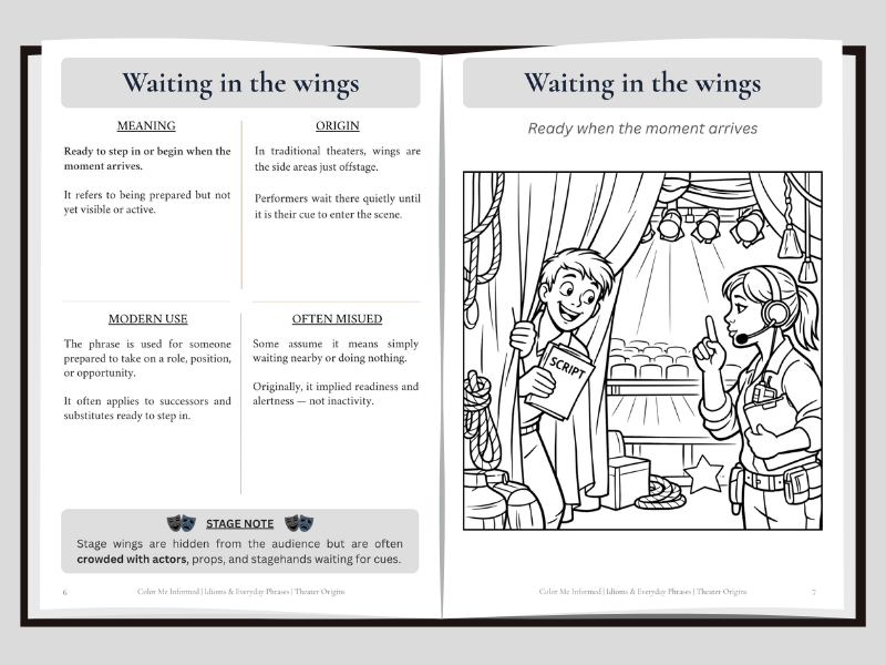 A two-page spread from a coloring book titled 'Waiting in the wings,' showing printed definitions on the left and a black-and-white line drawing for coloring on the right.